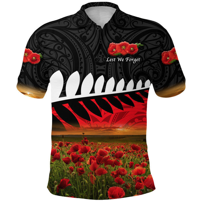 Custom Personalised New Zealand Maori ANZAC Polo Shirt Poppy Vibes - Black