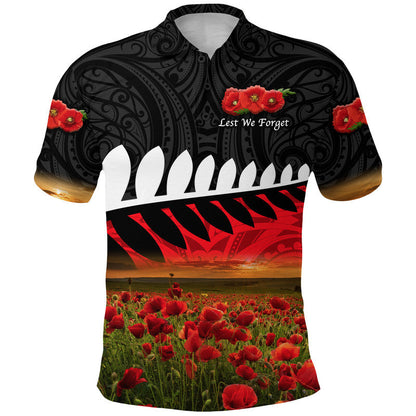 Custom Personalised New Zealand Maori ANZAC Polo Shirt Poppy Vibes - Black