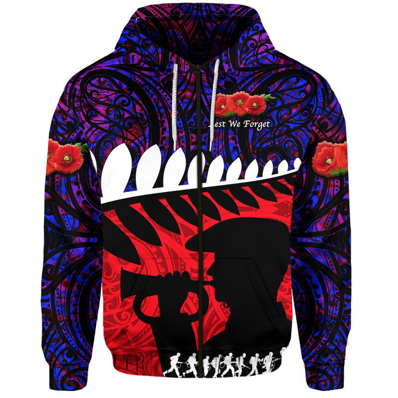 New Zealand Maori ANZAC Zip Up And Pullover Hoodie Remembrance Soldier Purple