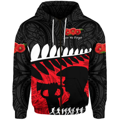 New Zealand Maori ANZAC Zip Up And Pullover Hoodie Remembrance Soldier Black