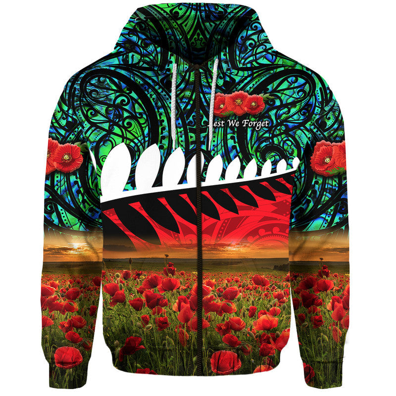 ( Personalised) New Zealand Maori ANZAC Zip Up And Pullover Hoodie Poppy Vibes Turquoise