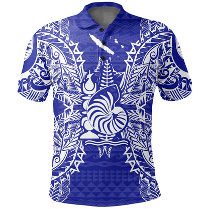 New Caledonia Polo Shirt - New Caledonia Coat Of Arms Map Polynesian Tattoo Blue