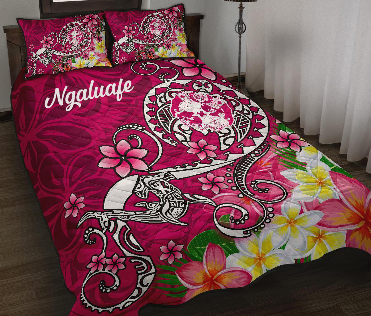 (Ngaluafe) Tonga Quilt Bed Set Turtle Plumeria (Pink)