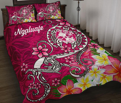 (Ngaluafe) Tonga Quilt Bed Set Turtle Plumeria (Pink)