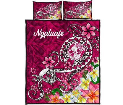 (Ngaluafe) Tonga Quilt Bed Set Turtle Plumeria (Pink)