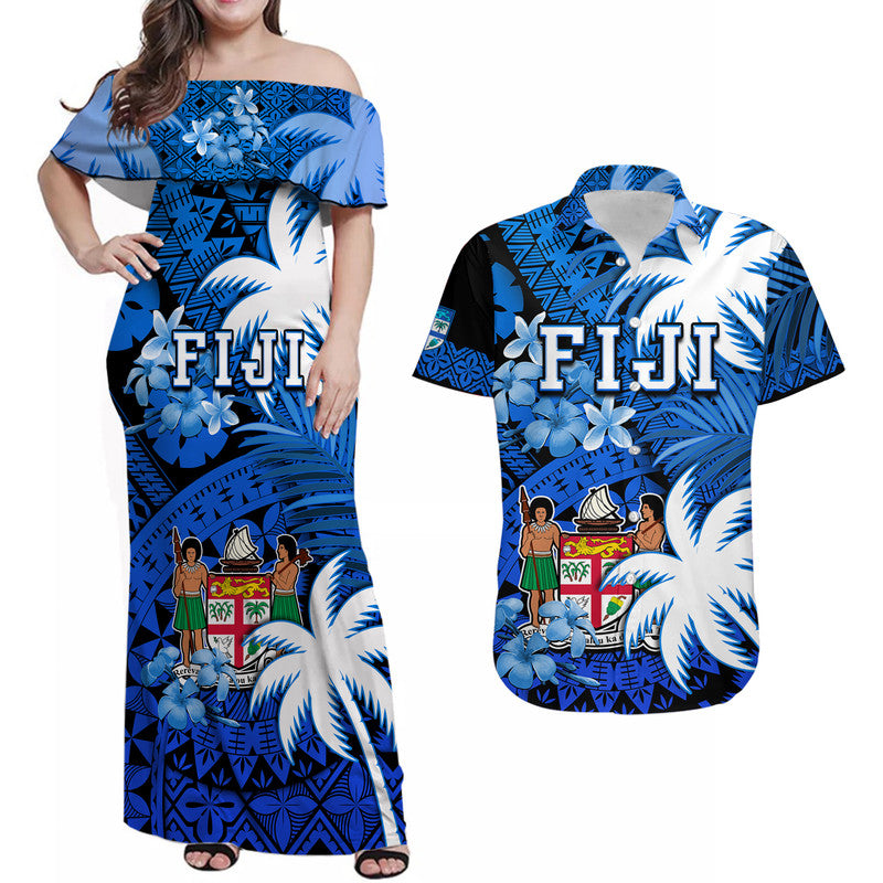 Matching Clothes For Couples Fiji Coat Of Arms Combo Dress and Hawaiian Shirt Masi Tapa Mixed Palm Tree No2 Blue Version