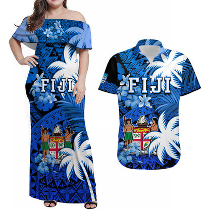 Matching Clothes For Couples Fiji Coat Of Arms Combo Dress and Hawaiian Shirt Masi Tapa Mixed Palm Tree No2 Blue Version