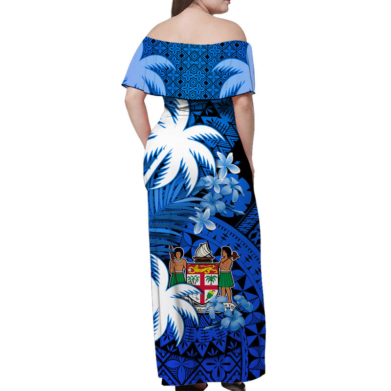 Fiji Coat Of Arms Women Off Shoulder Long Dress Masi Tapa Mixed Palm Tree No2 Blue Version