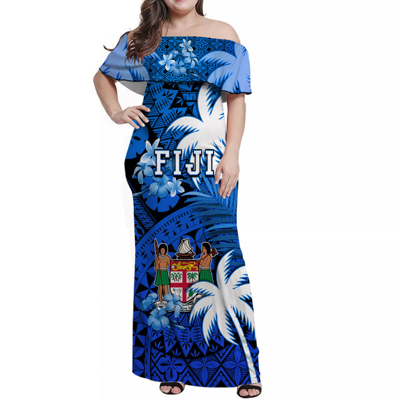 Fiji Coat Of Arms Women Off Shoulder Long Dress Masi Tapa Mixed Palm Tree No2 Blue Version