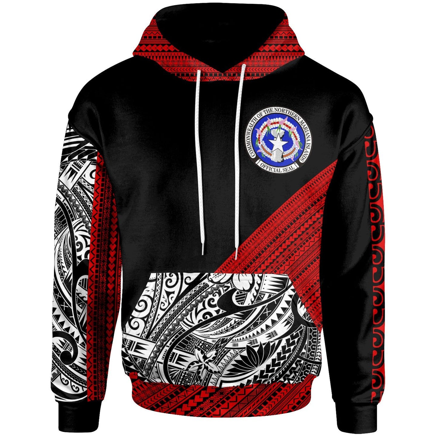 Northern Mariana Islands Hoodie Polynesian Diagonal Pattern Red Zip Hoodie