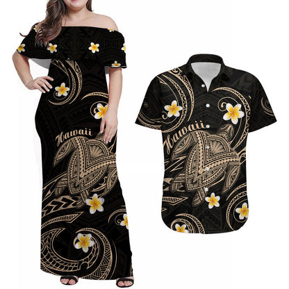 Hawaiian Matching Outfits For Couples Hawaii Combo Dress and Hawaiian Shirt Hawaiian Turtle Plumeria Mixed Polynesian Nude Style