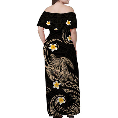 Hawaii Women Off Shoulder Long Dress Hawaiian Turtle Plumeria Mixed Polynesian Nude Style