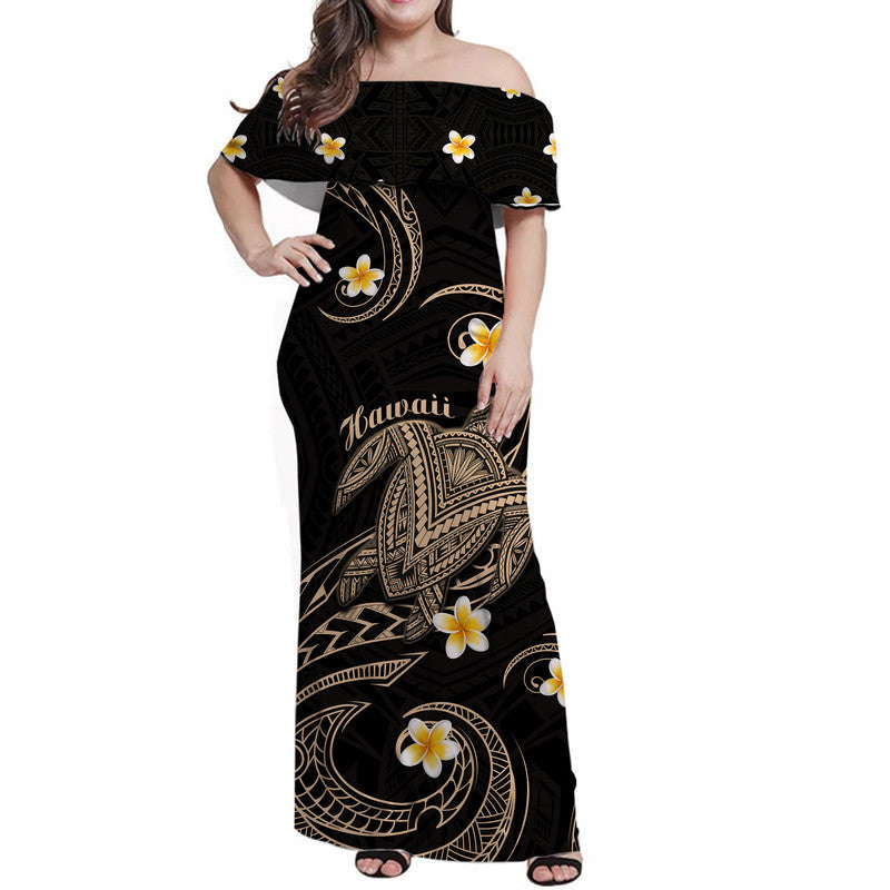 Hawaii Women Off Shoulder Long Dress Hawaiian Turtle Plumeria Mixed Polynesian Nude Style