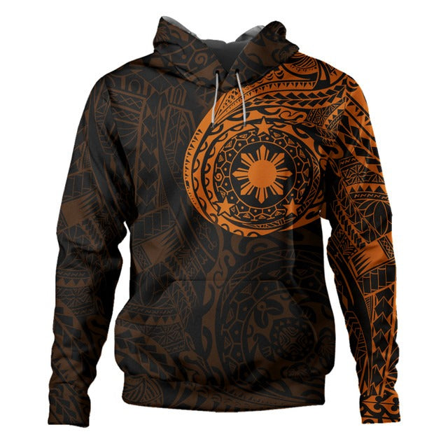 Philippines Filipinos Hoodie Polynesian Tattoo Style Unisex Printed Orange Zip Hoodie