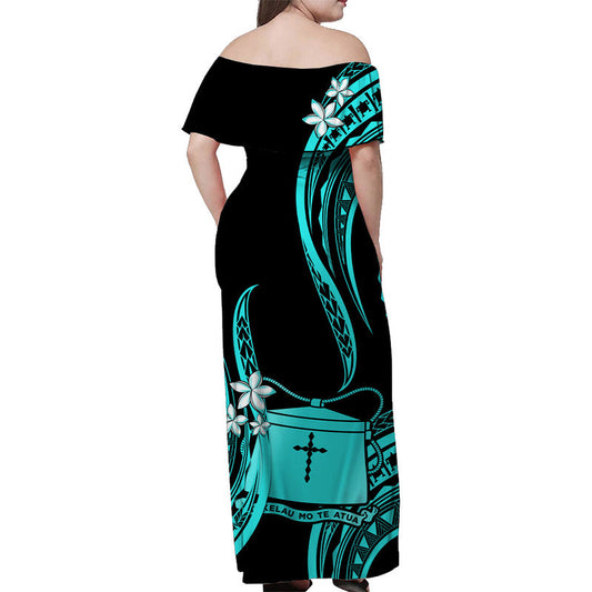 Tokelau Off Shoulder Long Dress Tokelauan Tatau With Badge Turquoise