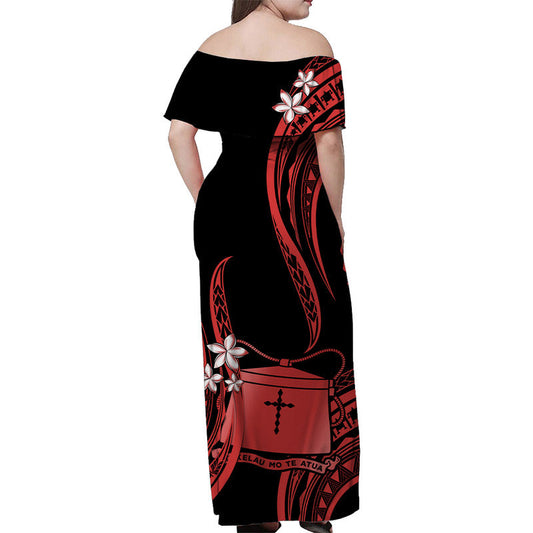 Tokelau Off Shoulder Long Dress Tokelauan Tatau With Badge Red