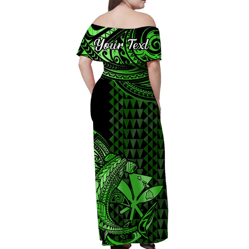 Hawaii Hammerhead Shark Off Shoulder Long Dress Polynesian Kakau With Kanaka Green