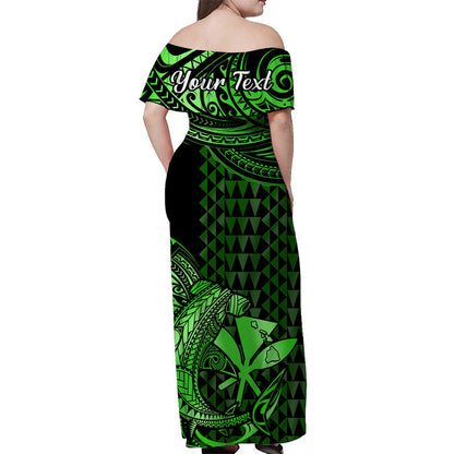 Hawaii Hammerhead Shark Off Shoulder Long Dress Polynesian Kakau With Kanaka Green
