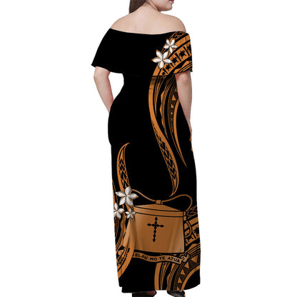 Tokelau Off Shoulder Long Dress Tokelauan Tatau With Badge Gold