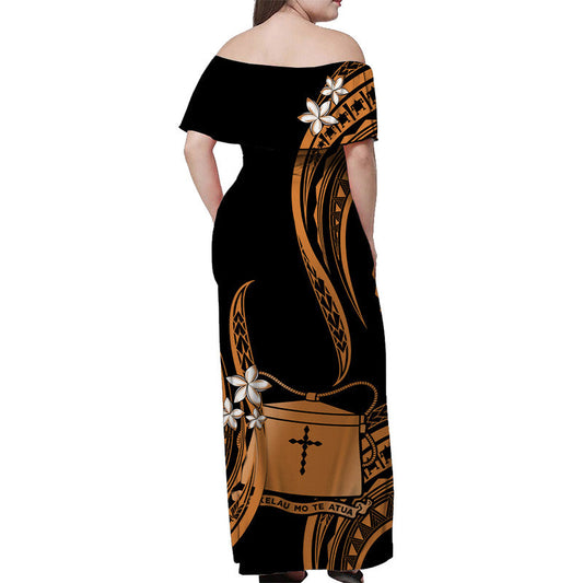 Tokelau Off Shoulder Long Dress Tokelauan Tatau With Badge Gold
