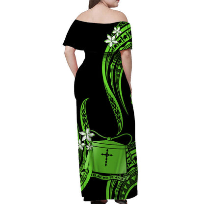 Tokelau Off Shoulder Long Dress Tokelauan Tatau With Badge Green