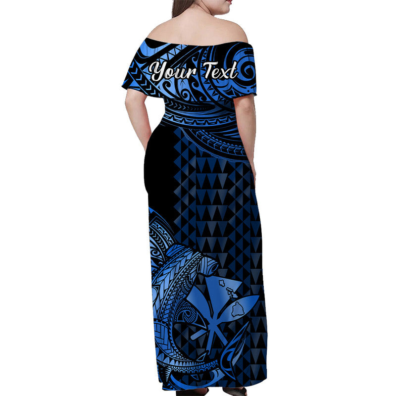 Hawaii Hammerhead Shark Off Shoulder Long Dress Polynesian Kakau With Kanaka Blue