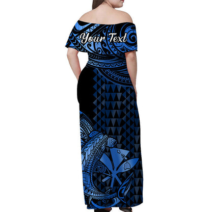 Hawaii Hammerhead Shark Off Shoulder Long Dress Polynesian Kakau With Kanaka Blue