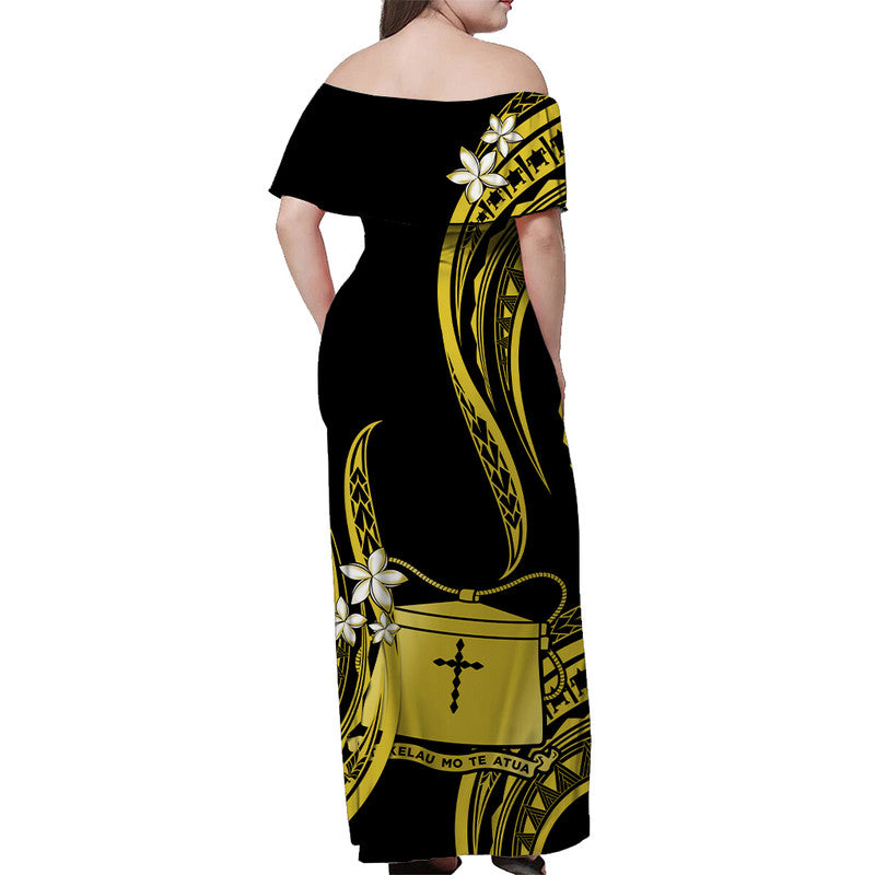 Tokelau Off Shoulder Long Dress Tokelauan Tatau With Badge Yellow