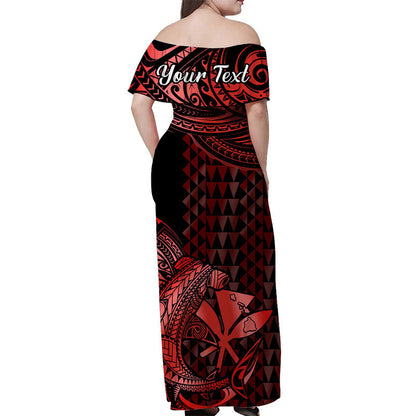 Hawaii Hammerhead Shark Off Shoulder Long Dress Polynesian Kakau With Kanaka Red