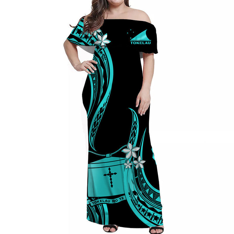 Tokelau Off Shoulder Long Dress Tokelauan Tatau With Badge Turquoise