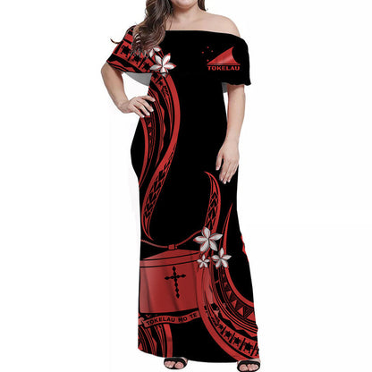Tokelau Off Shoulder Long Dress Tokelauan Tatau With Badge Red