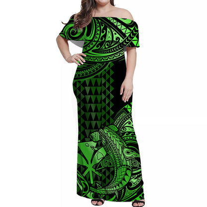 Hawaii Hammerhead Shark Off Shoulder Long Dress Polynesian Kakau With Kanaka Green