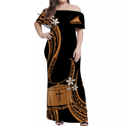 Tokelau Off Shoulder Long Dress Tokelauan Tatau With Badge Gold