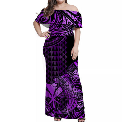 Hawaii Hammerhead Shark Off Shoulder Long Dress Polynesian Kakau With Kanaka Purple