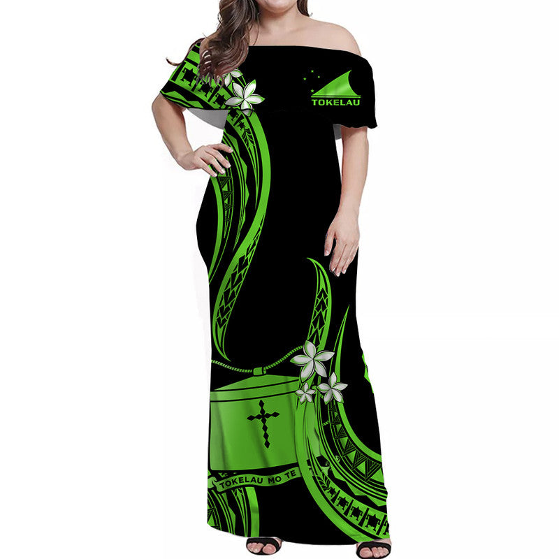 Tokelau Off Shoulder Long Dress Tokelauan Tatau With Badge Green