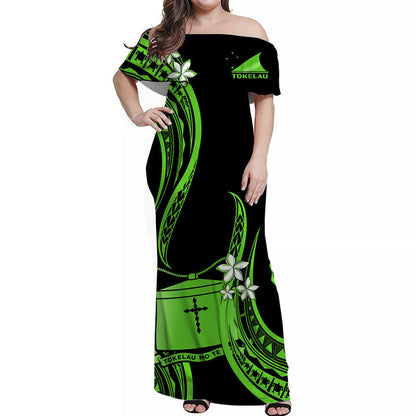 Tokelau Off Shoulder Long Dress Tokelauan Tatau With Badge Green