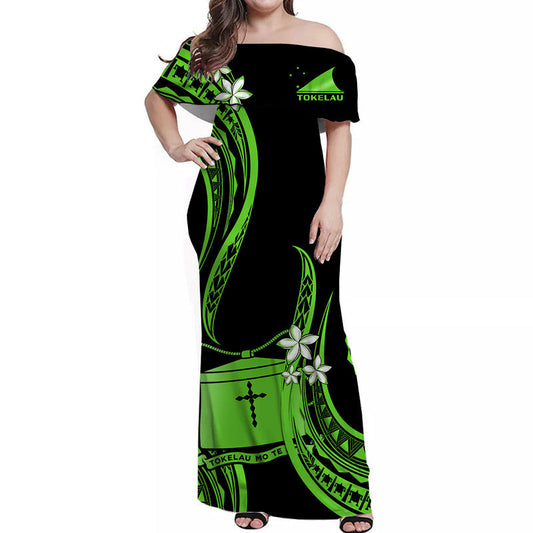 Tokelau Off Shoulder Long Dress Tokelauan Tatau With Badge Green
