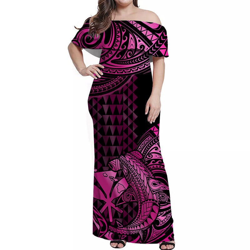 Hawaii Hammerhead Shark Off Shoulder Long Dress Polynesian Kakau With Kanaka Pink