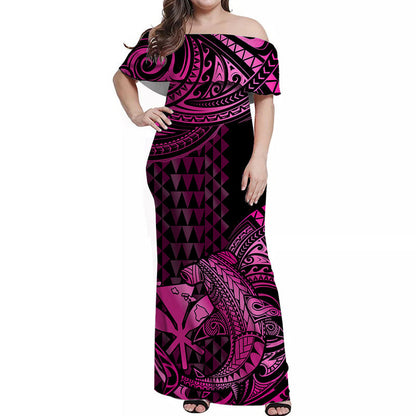 Hawaii Hammerhead Shark Off Shoulder Long Dress Polynesian Kakau With Kanaka Pink