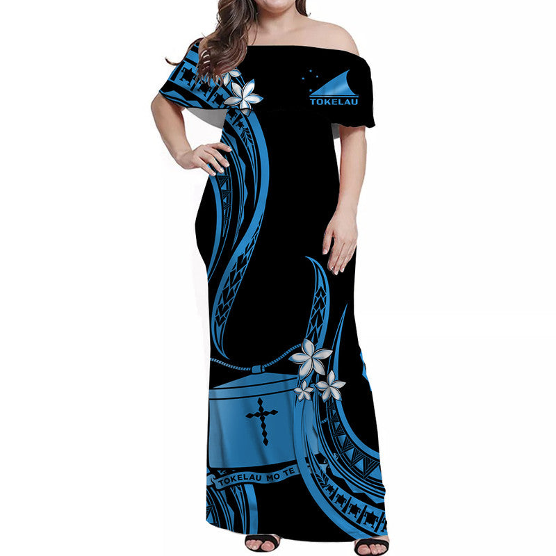 Tokelau Off Shoulder Long Dress Tokelauan Tatau With Badge Blue