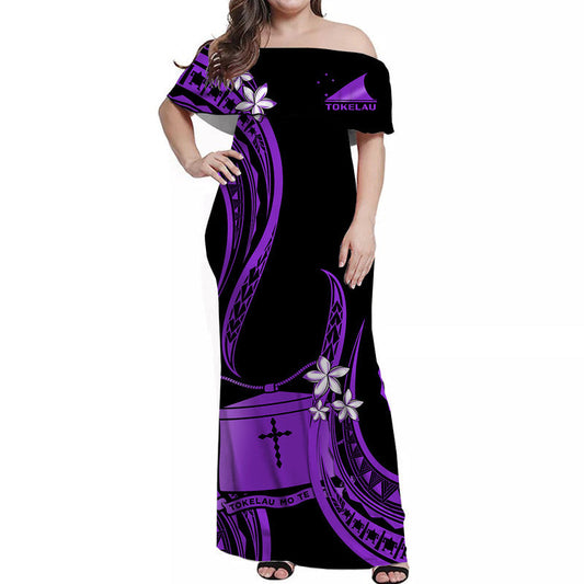 Tokelau Off Shoulder Long Dress Tokelauan Tatau With Badge Purple