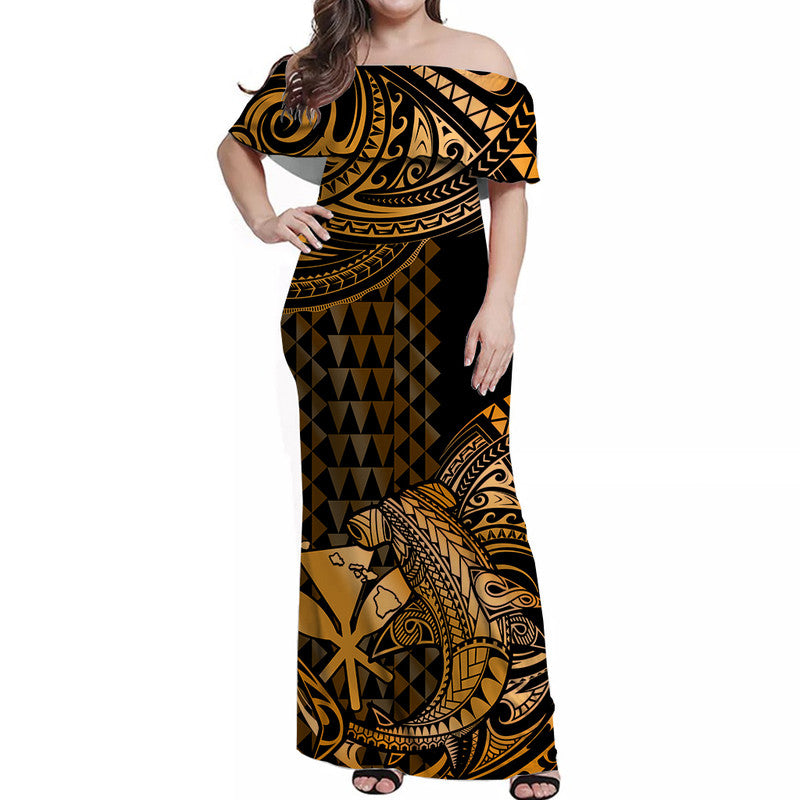 Hawaii Hammerhead Shark Off Shoulder Long Dress Polynesian Kakau With Kanaka Gold