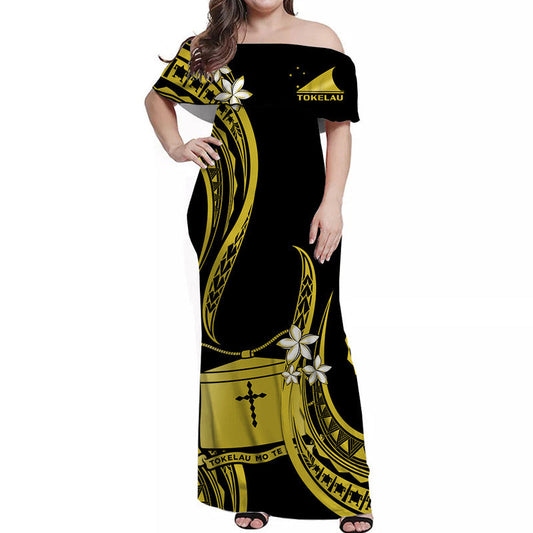 Tokelau Off Shoulder Long Dress Tokelauan Tatau With Badge Yellow