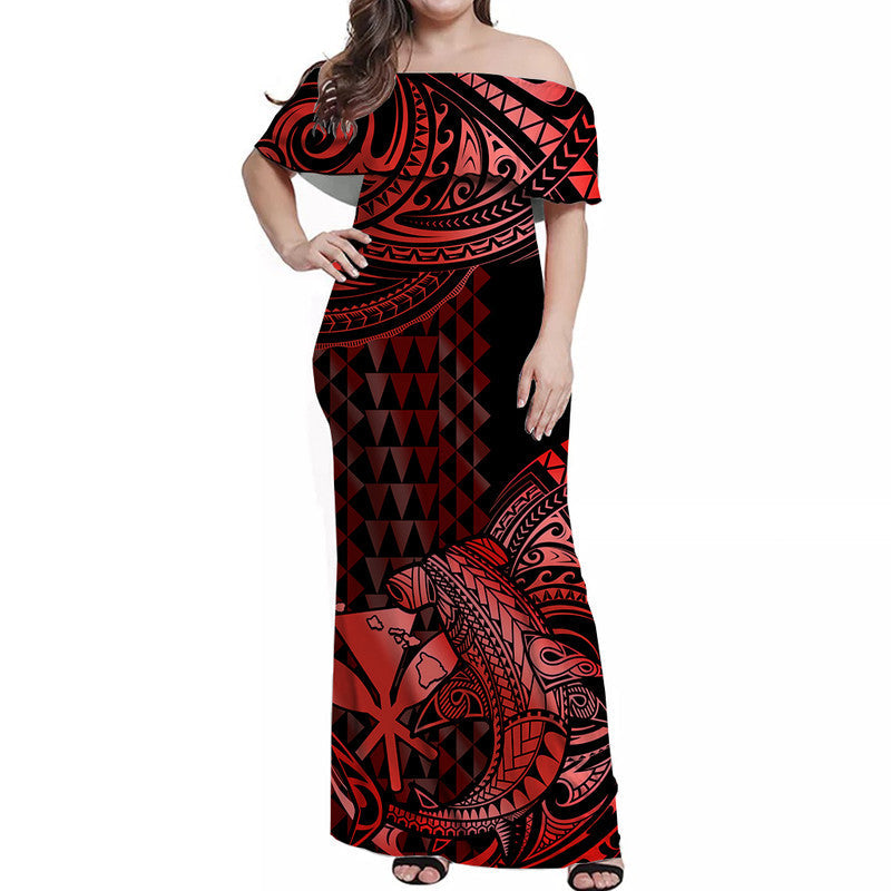 Hawaii Hammerhead Shark Off Shoulder Long Dress Polynesian Kakau With Kanaka Red