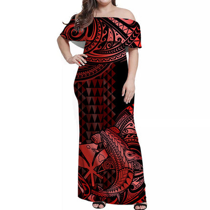 Hawaii Hammerhead Shark Off Shoulder Long Dress Polynesian Kakau With Kanaka Red