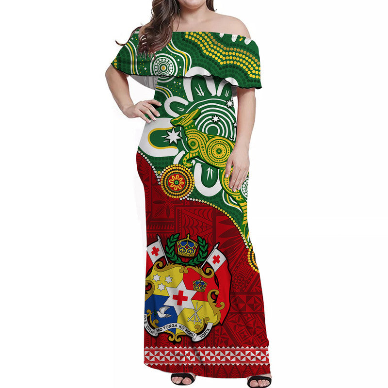 Australia And Tonga Off Shoulder Long Dress Aboriginal Mix Tongan Ngatu Unique