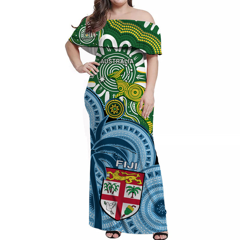 Personalised Australia And Fiji Off Shoulder Long Dress Aboriginal Mix Fijian Tapa Unique