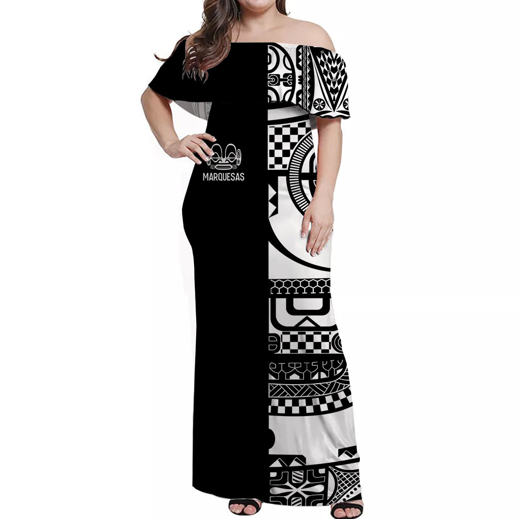 Marquesas Islands Tiki Off Shoulder Long Dress Marquesan Tattoo