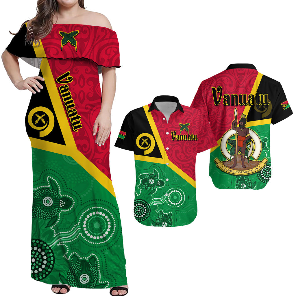 Matching Outfits For Couples Vanuatu Combo Dress and Hawaiian Shirt Aboriginal Turtle Mix Sand Drawing