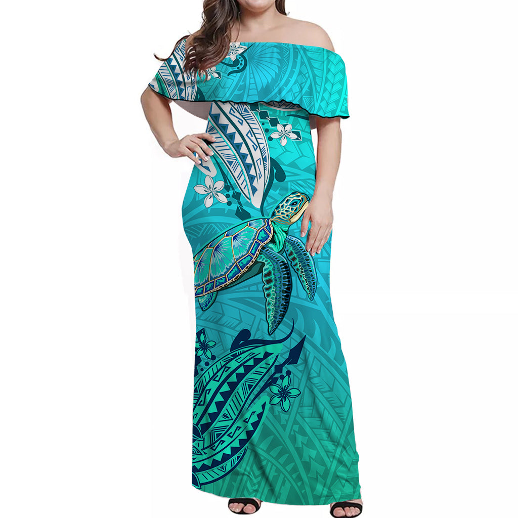Hawaiian Islands Off Shoulder Long Dress Turtle Mix Hawaii Polynesian
